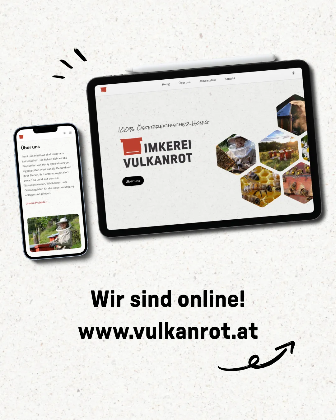 Vulkanrot Social Media Post - Wir sind online