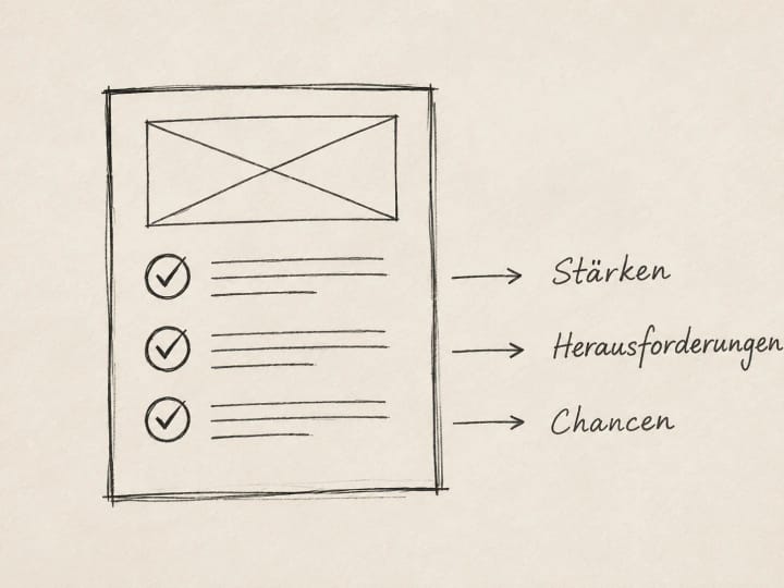 Skizze einer Checkliste mit Stärken, Herausforderungen und Chancen.