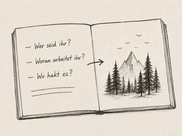 Skizze eines Notizbuchs mit den Fragen: Wer seid ihr? Woran arbeitet ihr? Wo hakt es?