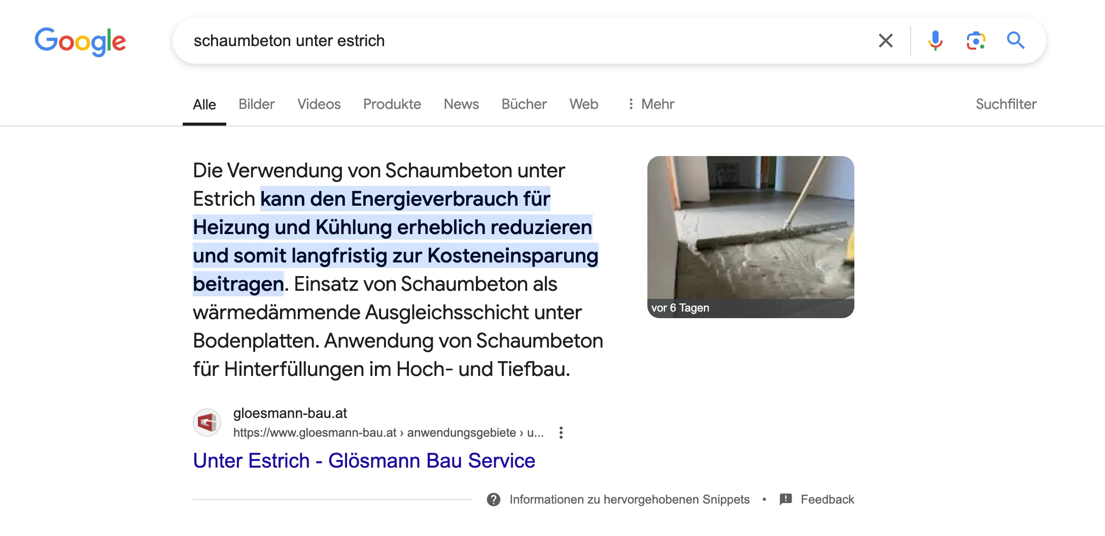Google Sucheingabe des Hauptservices 'Schaumbeton unter Estrich', Glösmann Bau Service kommt mit Rich Snippet an erster Stelle
