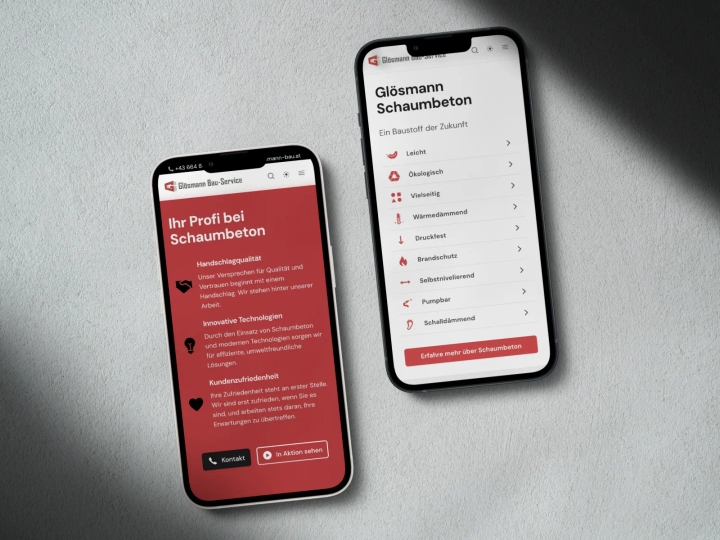Mobile views of the Glösmann website on two smartphones