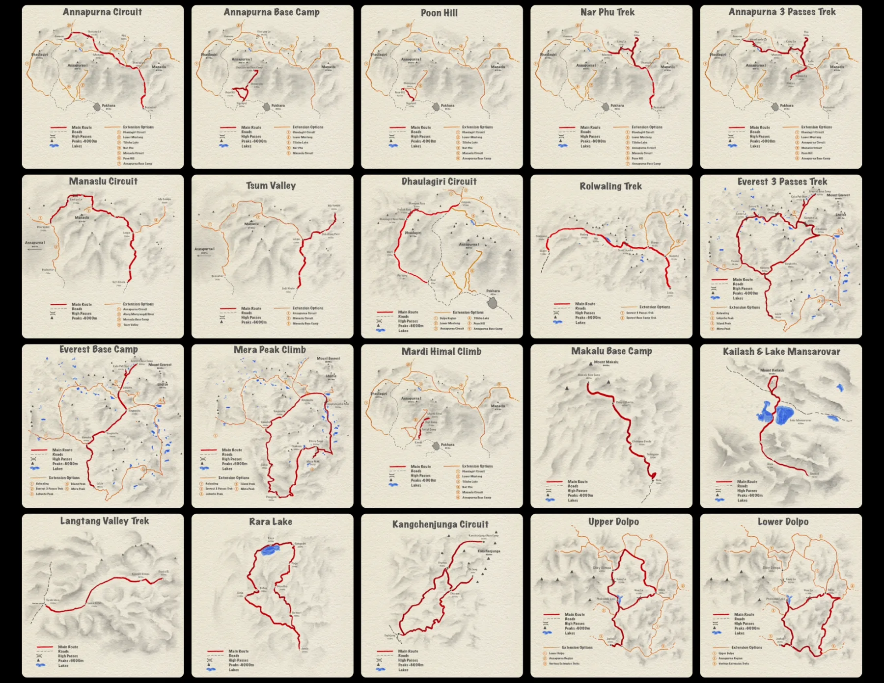 Hand-drawn route maps for trekking tours in Nepal